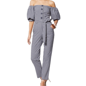 New York & Company Blue White Gingham Off-Shoulder Puff Sleeve Jumpsuit Size XS